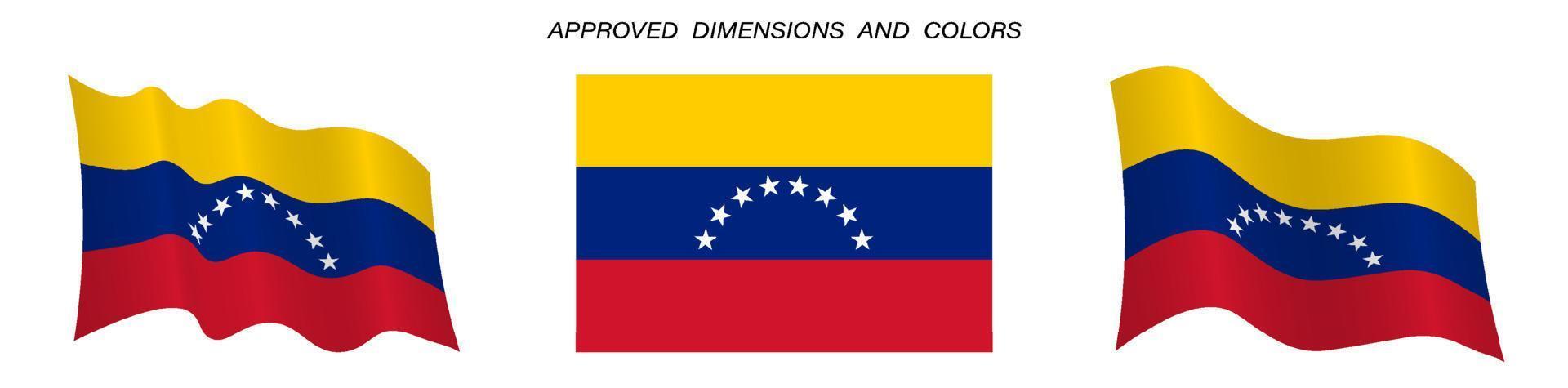 Venezuela flag in static position and in motion, fluttering in wind in exact colors and sizes, on white background vector