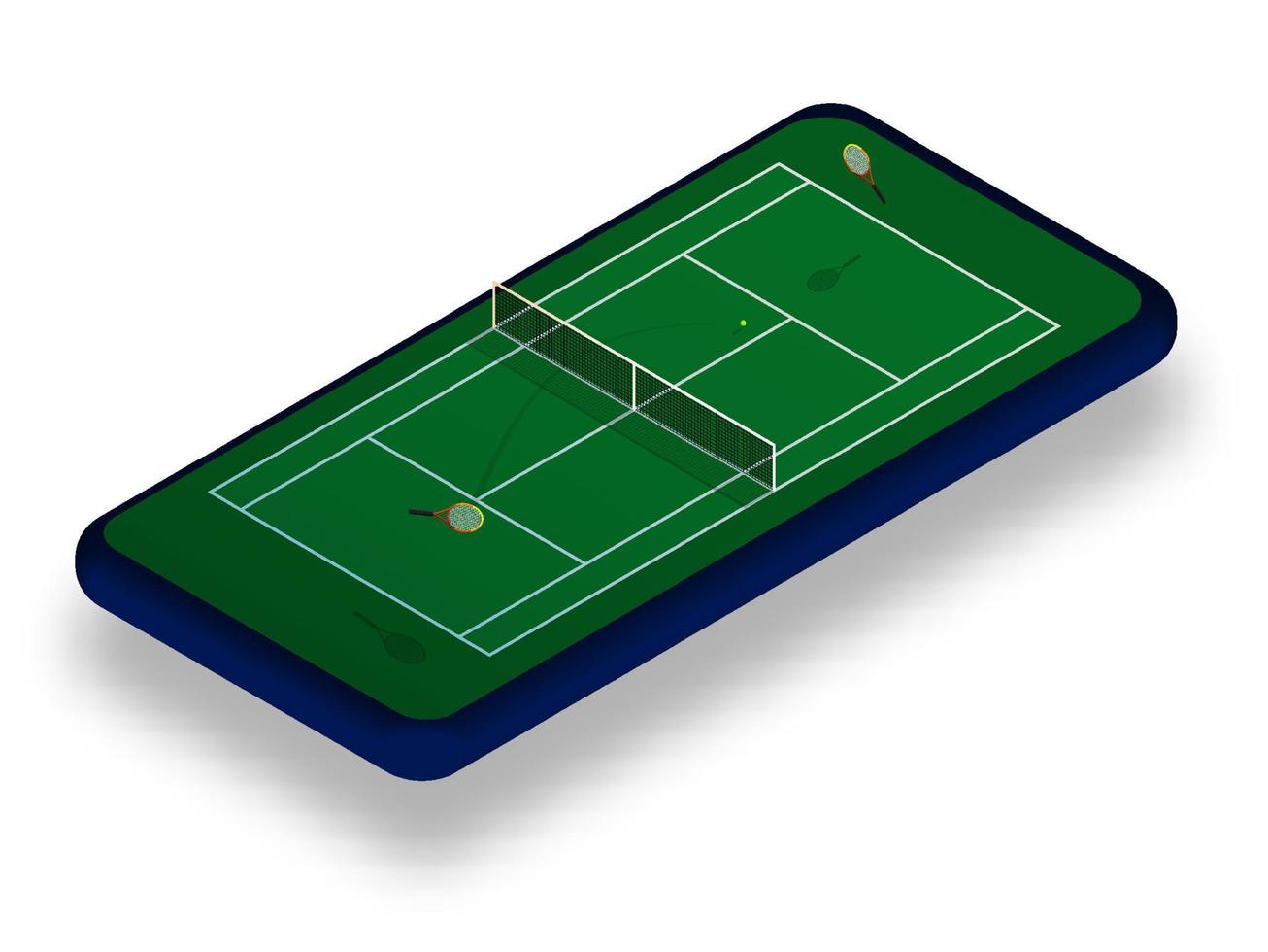 Deportes tenis Corte con raquetas y pelota en teléfono inteligente pantalla. en línea juegos, moderno tecnologías en Deportes y entretenimiento industria. ismetrico vector