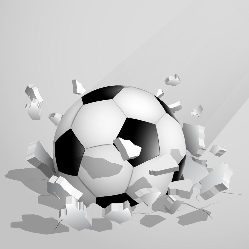 sport soccer ball crashed into the ground at high speed and breaks into shards, cracks. Inflicting heavy damage. Vector