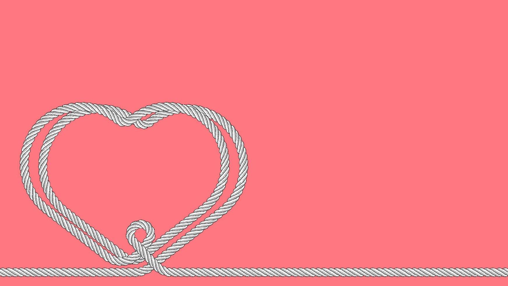two hearts connected, woven together by one line from rope on pink background. Strong relationships. Background for Valentines Day on February 14th. Vector