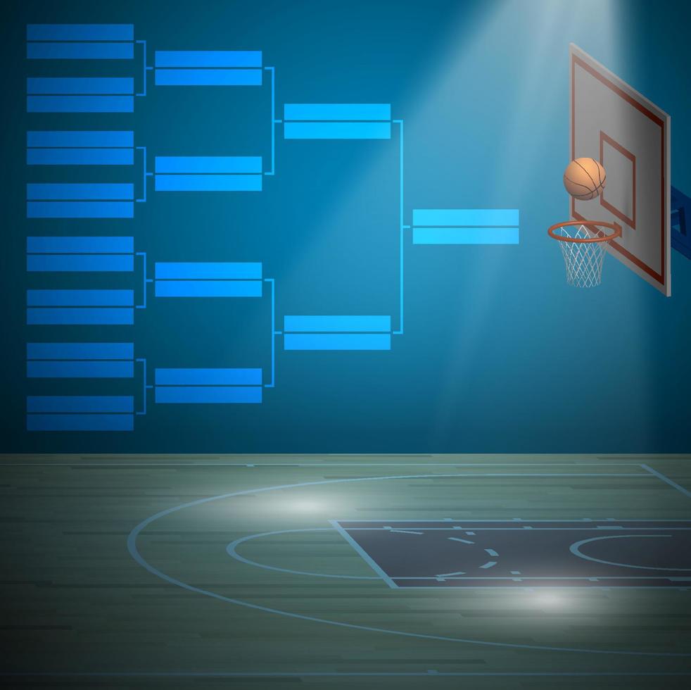 Sports score table on background of sports basketball court with backboard, hoop and ball for banner. Background for competition. Vector