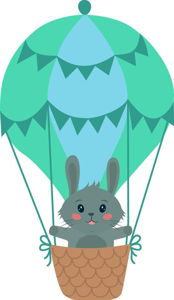 Vector illustration of a hare in a balloon. Cartoon cute rabbit is flying in a balloon. Isolated vector illustration. Children's illustration.