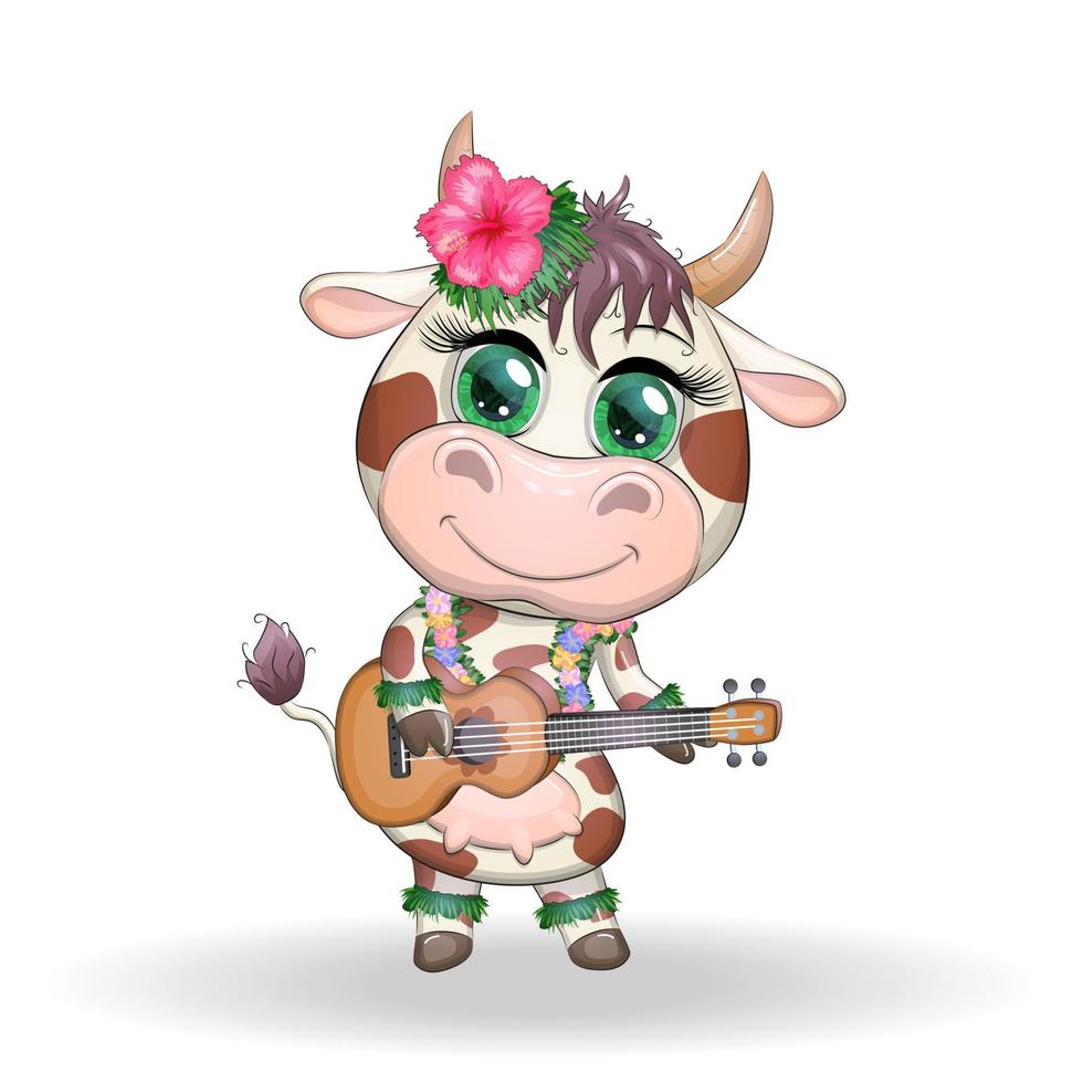 linda dibujos animados toro, vaca con hermosa ojos, hawaiano hula bailarín personaje con ukelele guitarra entre hojas, flores chino nuevo año linda toro mascota vector
