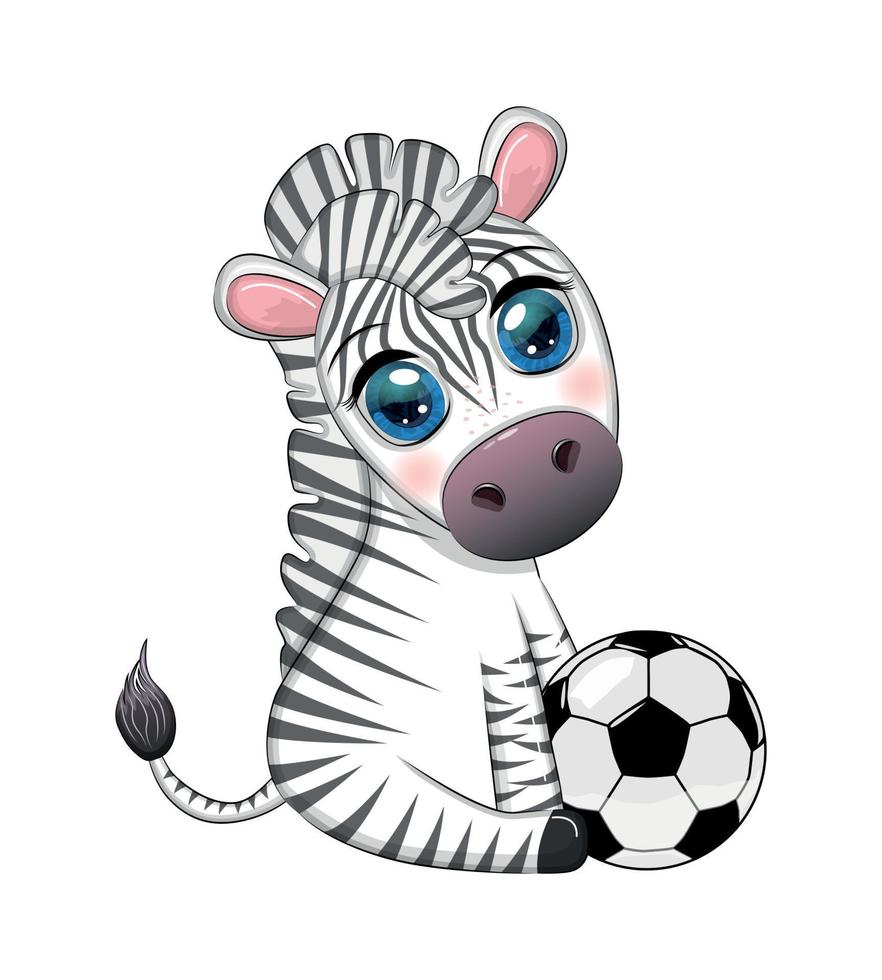 Cute zebra with a soccer ball. Cartoon character, summer sport vector