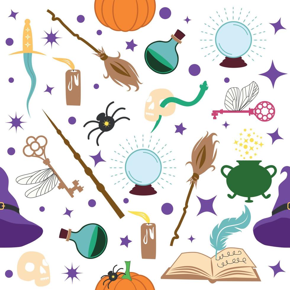 Magic items seamless pattern in flat style. School of Magic. Pumpkin, key, magic ball, feather, spider, purple hat, broom, skull, snake vector