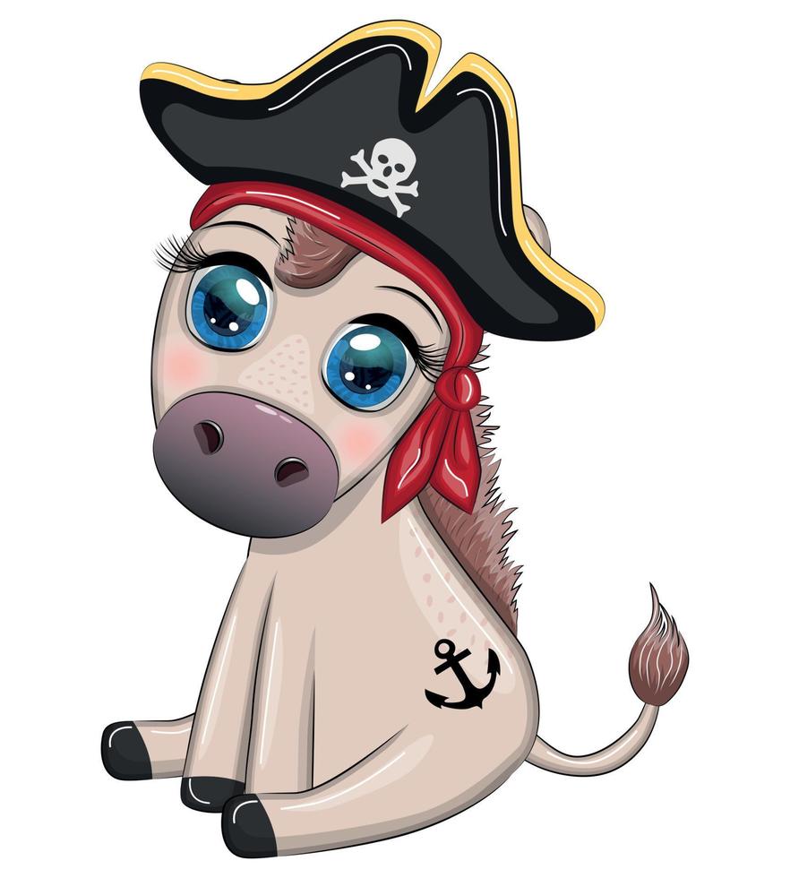 Cute pirate donkey in a cocked hat, with an eye patch. Child character, games for boy vector