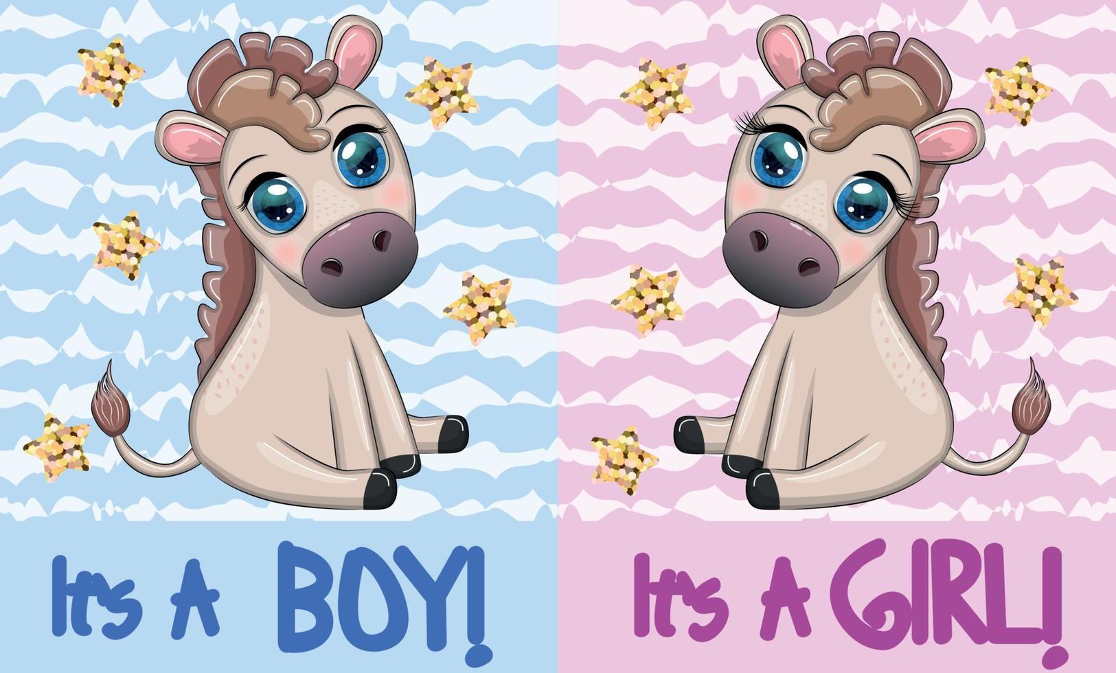 Baby shower party with cute cartoon donkey, pony boy and girl vector