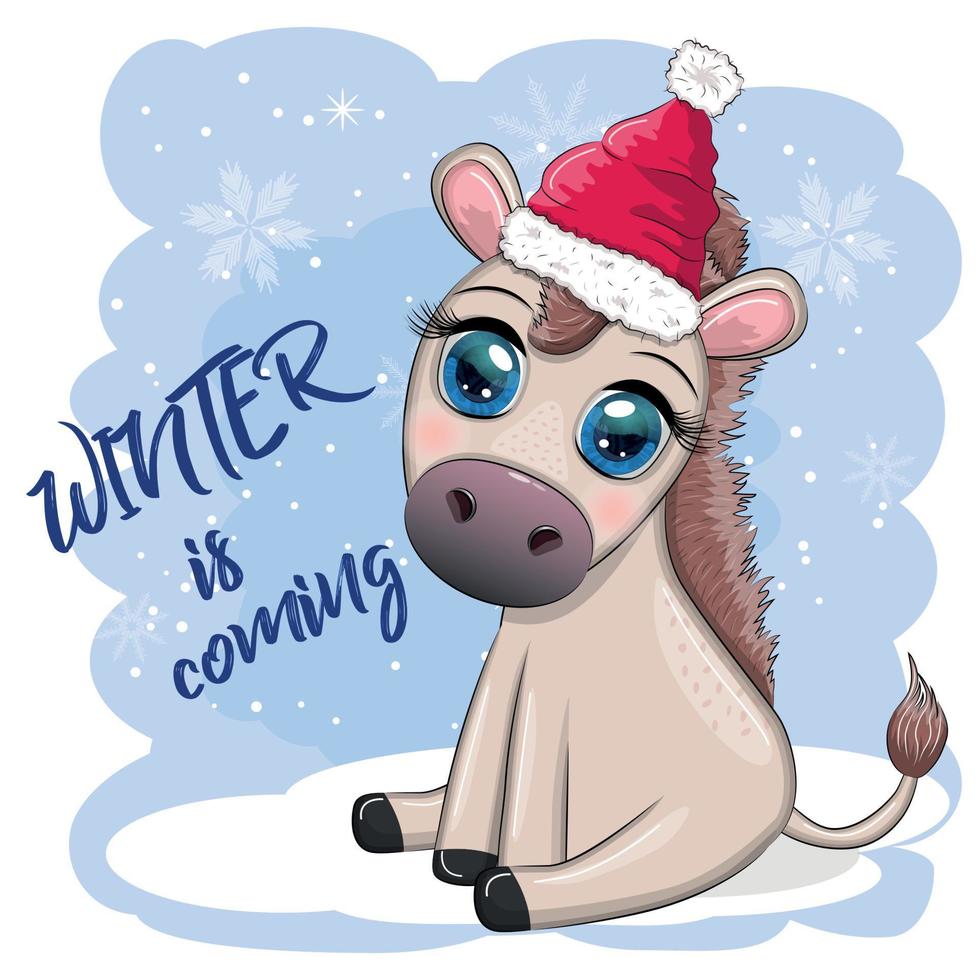 Cute donkey in santa hat with balloon, gift, candy kane, ice skating and winter sports. Postcard for Christmas vector