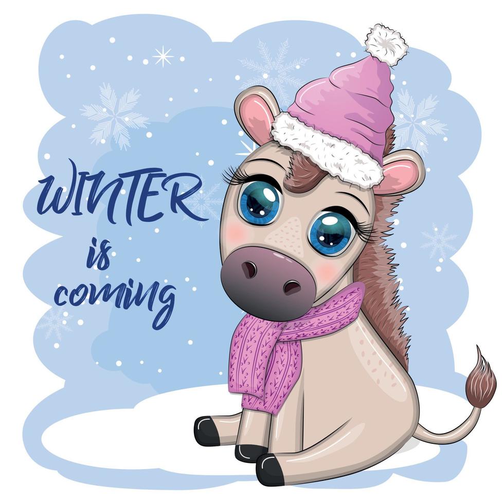 Cute donkey in santa hat with balloon, gift, candy kane, ice skating and winter sports. Postcard for Christmas vector