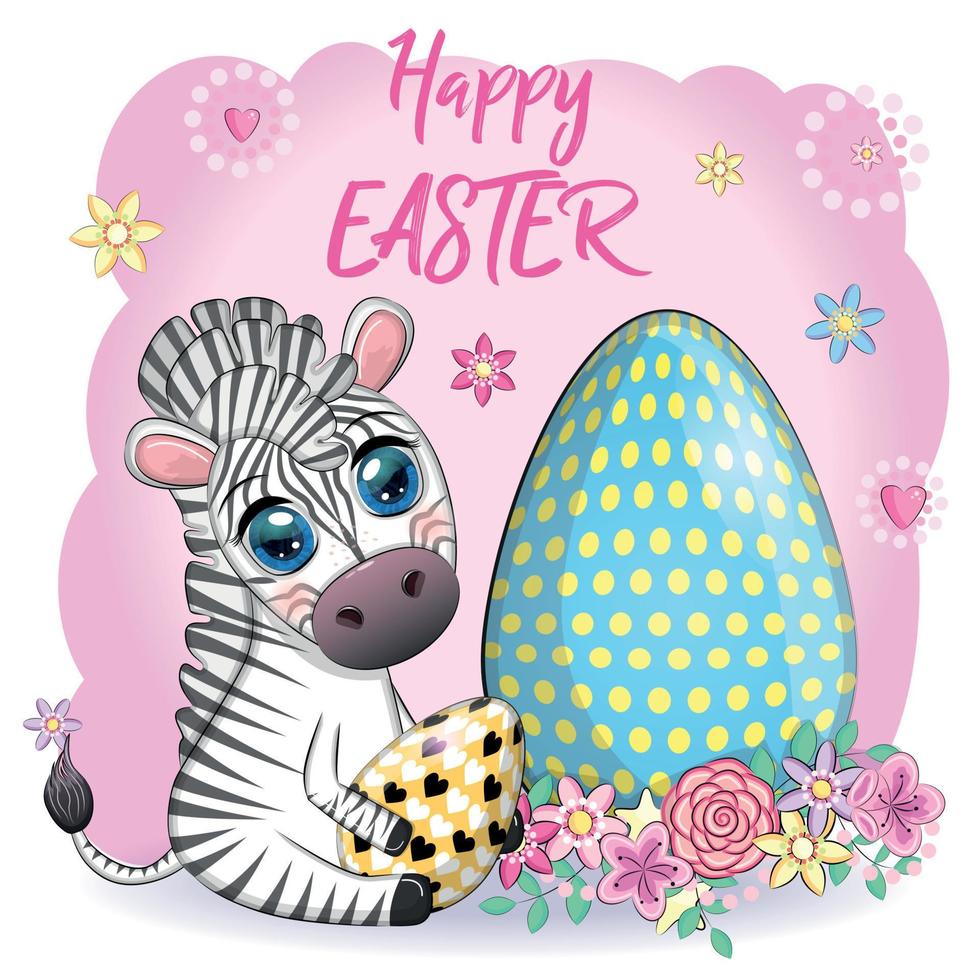 Zebra with Easter egg, flowers. Easter greeting card vector