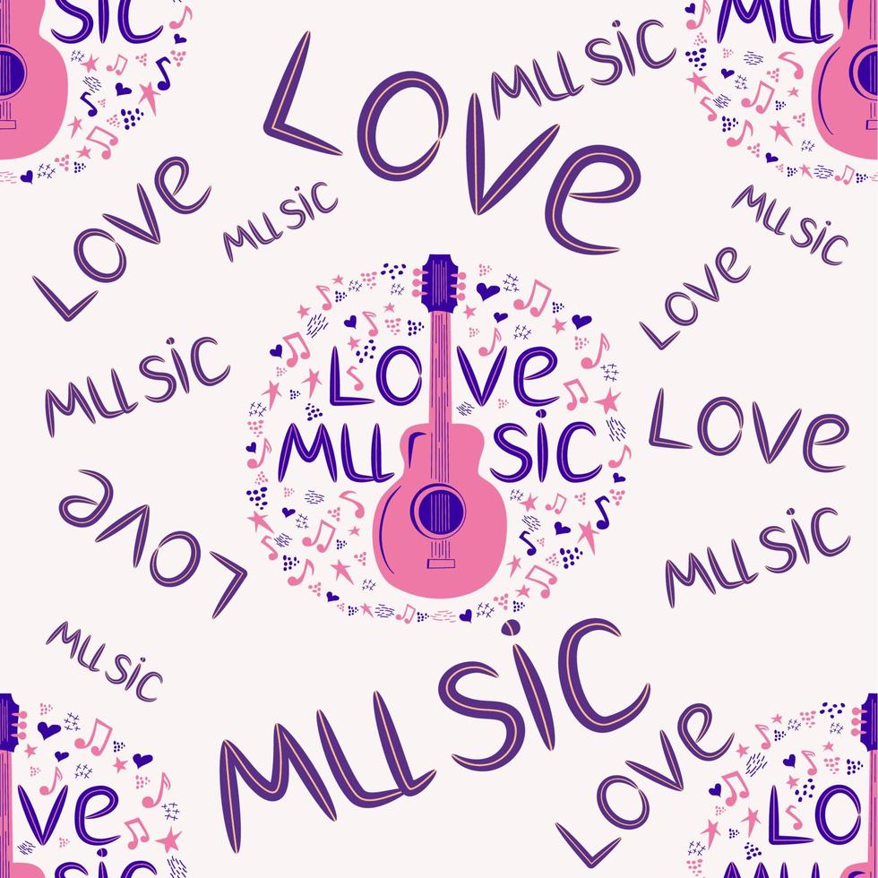 amor música sin costura modelo con país guitarra, música notas, triplicar clave, corazones, decorativo elementos. vector