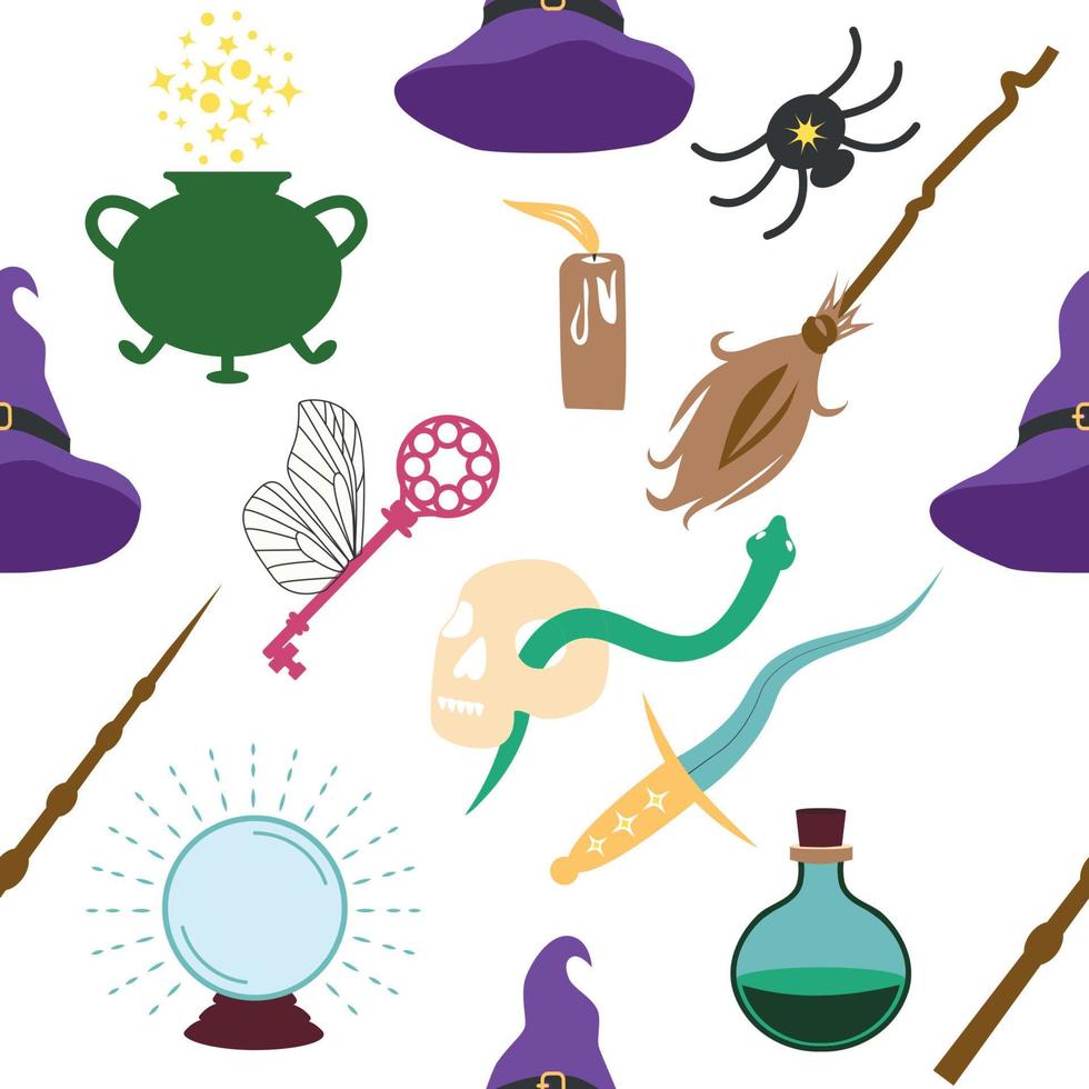 Magic items seamless pattern in flat style. School of Magic. Pumpkin, key, magic ball, feather, spider, purple hat, broom, skull, snake vector