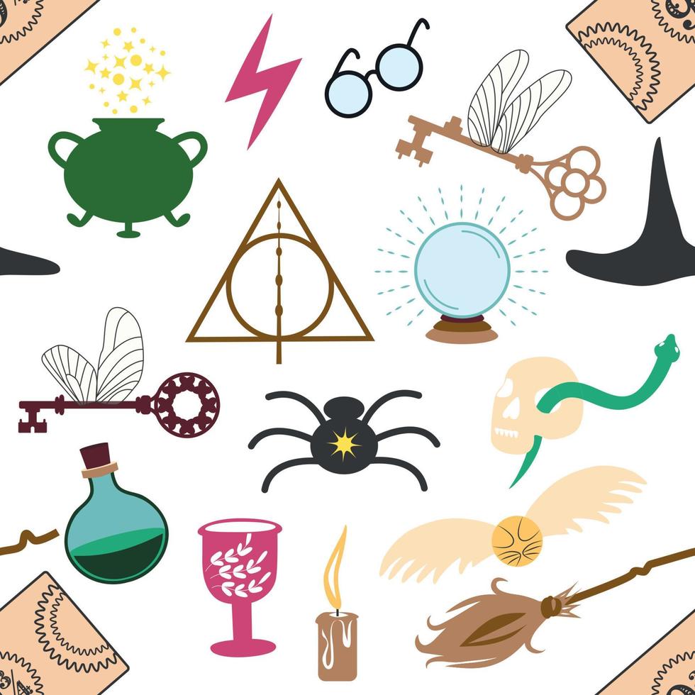 Magic items seamless pattern in flat style. School of Magic. Pumpkin, key, magic ball, feather, spider, purple hat, broom, skull, snake vector