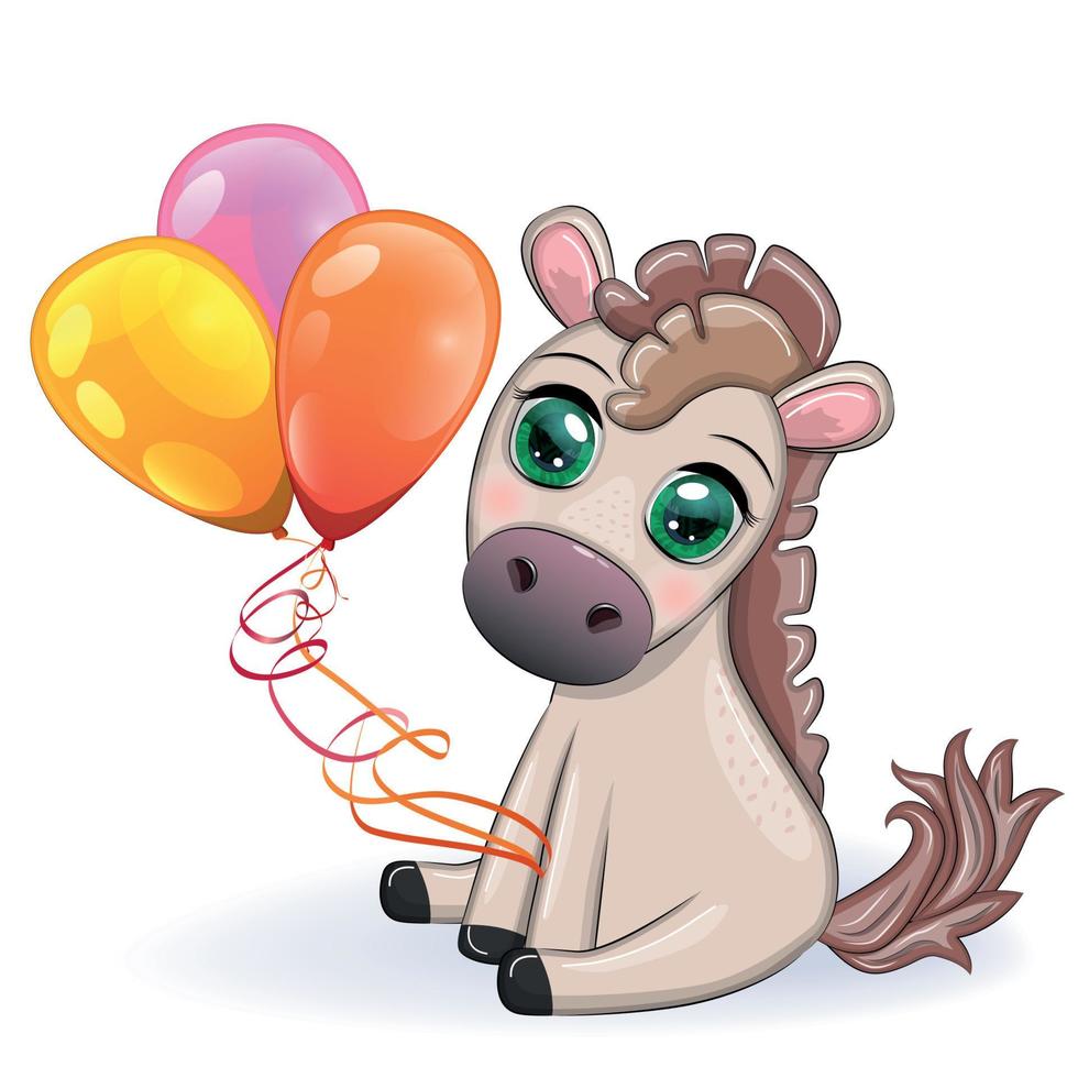 lindo caballo de dibujos animados, pony para tarjeta con flores, globos, corazón vector