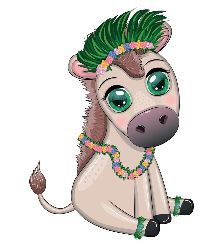 A cute donkey in a flower wreath with a guitar, a hula dancer from Hawaii. Summer card for the festival, travel banner vector