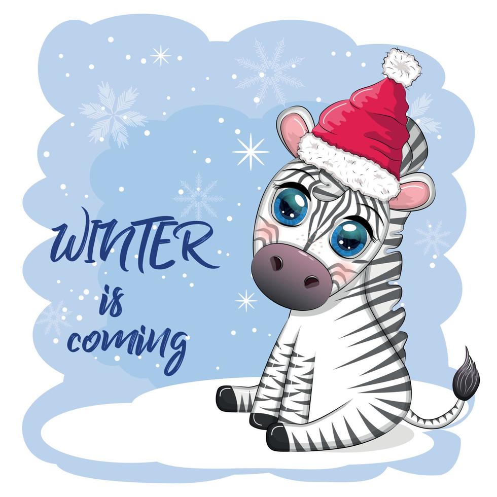 Greeting card with cute zebra in santa hat with christmas ball, candy kane, gift. Wildlife holidays cartoon character. vector