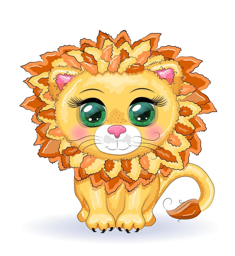 Cartoon lion with expressive eyes. Wild animals, character, childish cute style vector