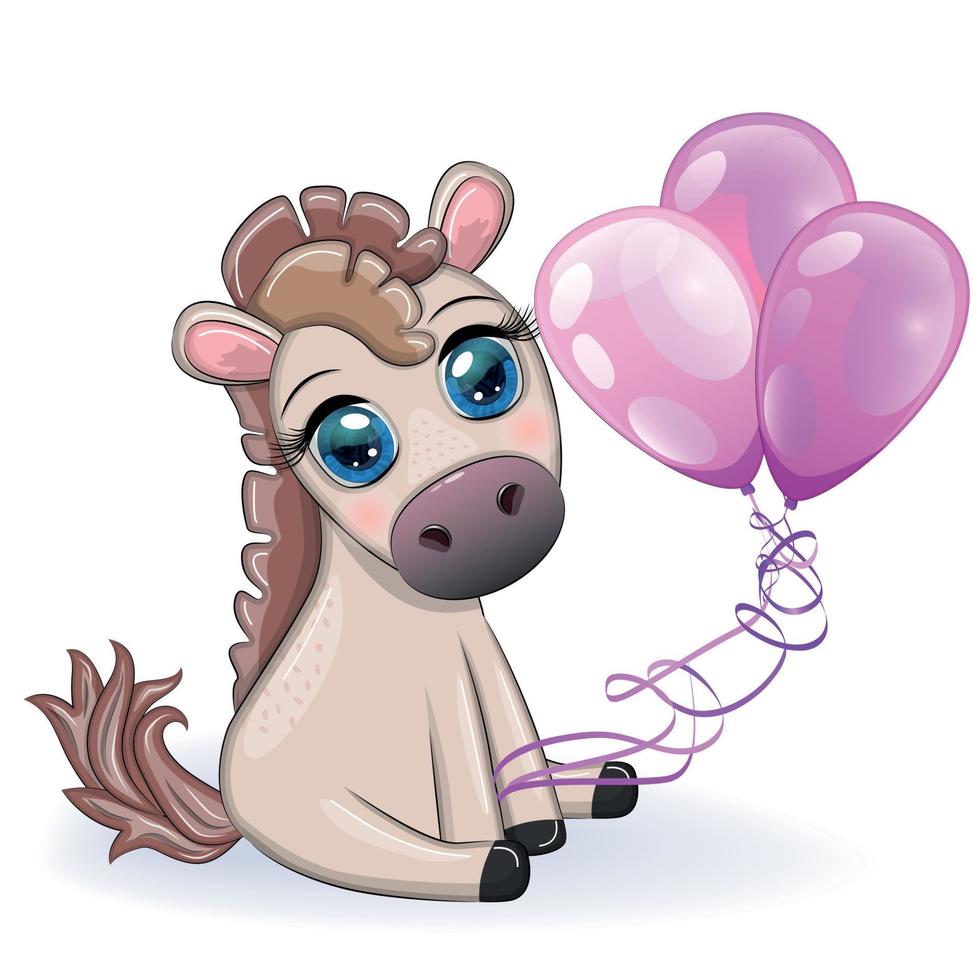 lindo caballo de dibujos animados, pony para tarjeta con flores, globos, corazón vector