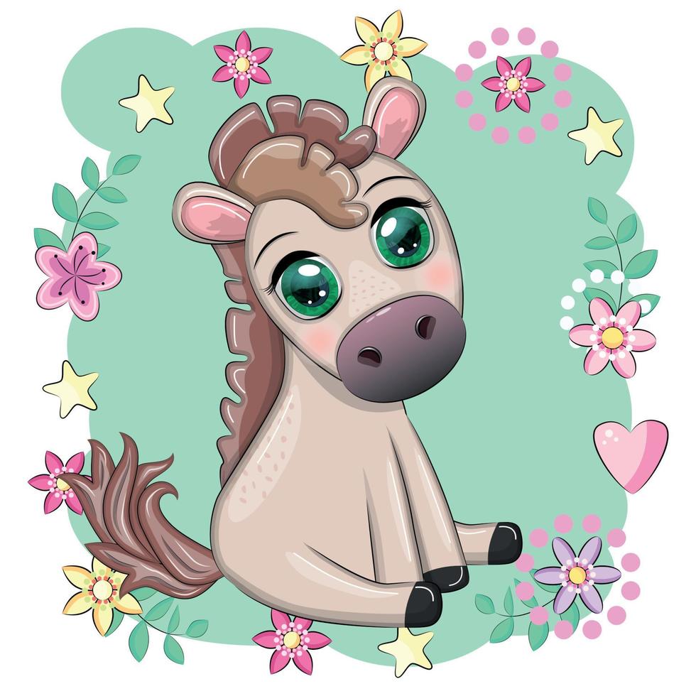 lindo caballo de dibujos animados, pony para tarjeta con flores, globos, corazón vector