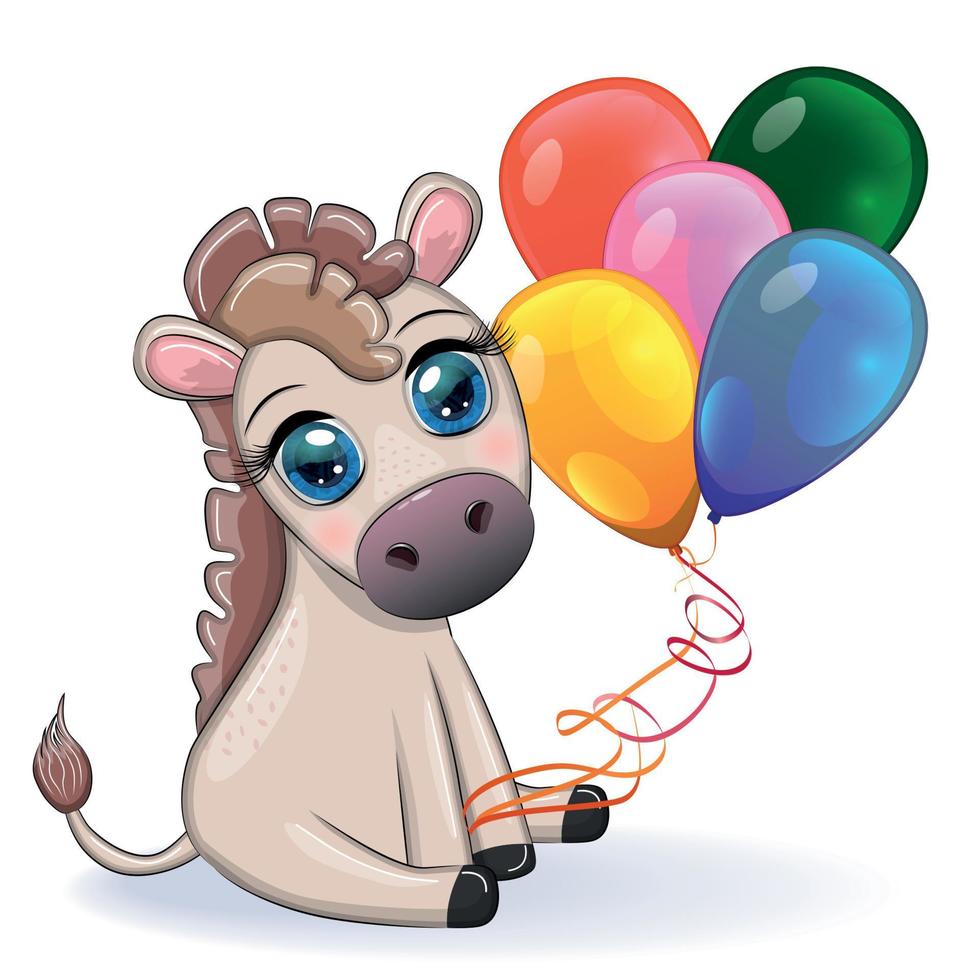 lindo burro en flores, con globos, tema primaveral. postal para las vacaciones. vector