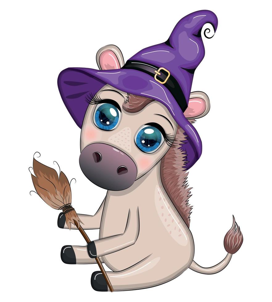 Cute donkey in purple witch hat, with broom, pumpkin, potion. Halloween card for the holiday. vector