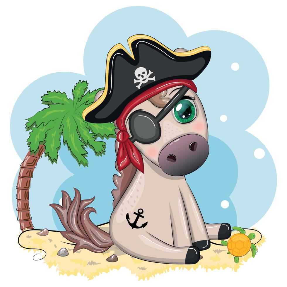 Cute pirate horse in a cocked hat, with an eye patch. Child character, games for boy vector