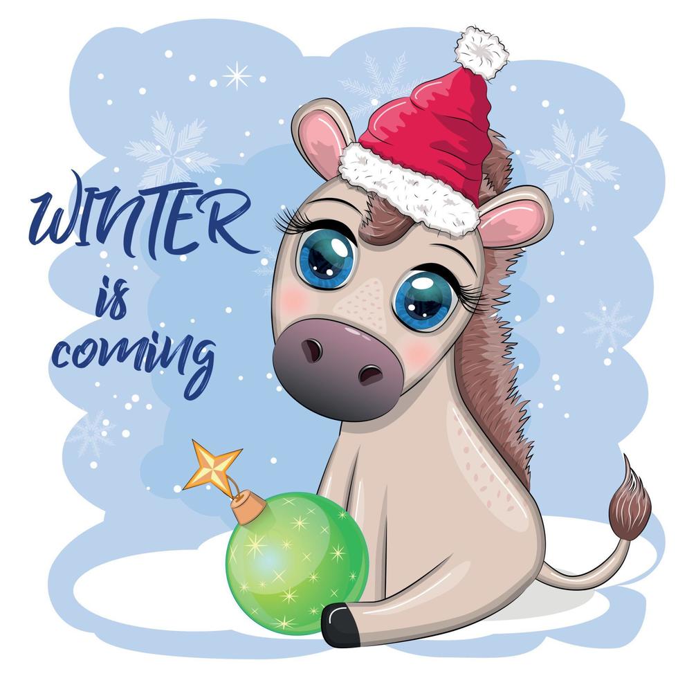 Cute donkey in santa hat with balloon, gift, candy kane, ice skating and winter sports. Postcard for Christmas vector