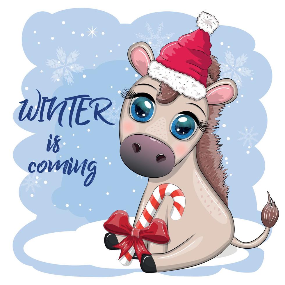 Cute donkey in santa hat with balloon, gift, candy kane, ice skating and winter sports. Postcard for Christmas vector