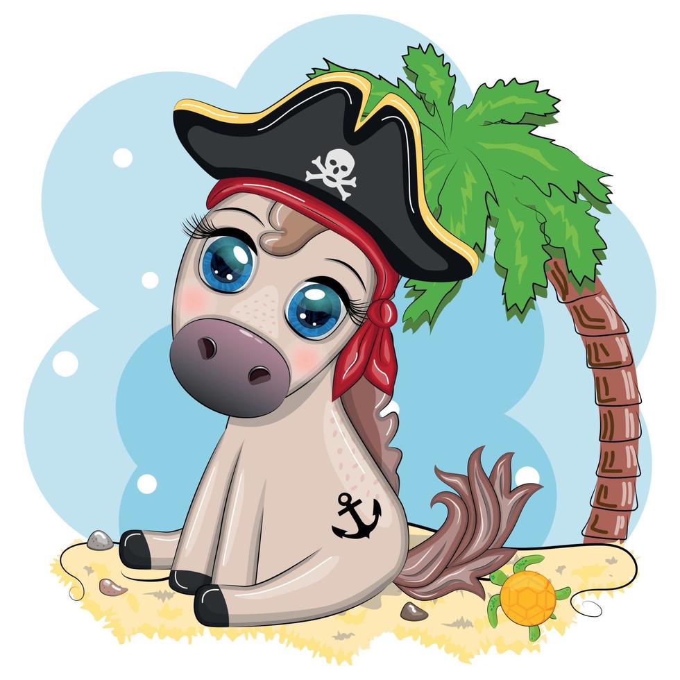 Cute pirate horse in a cocked hat, with an eye patch. Child character, games for boy vector