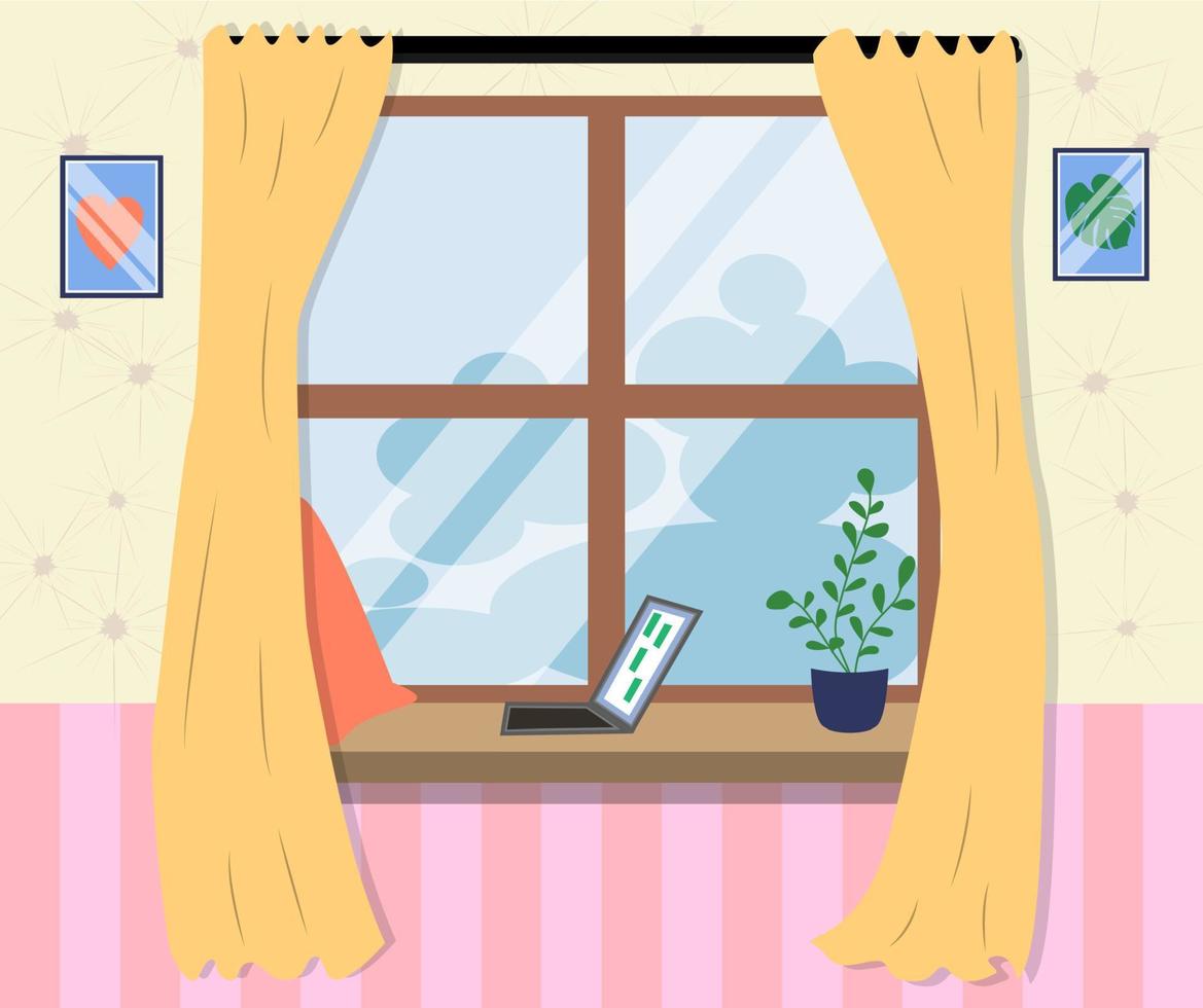 Morning from the window icon in cartoon style. Laptop on the windowsill. vector