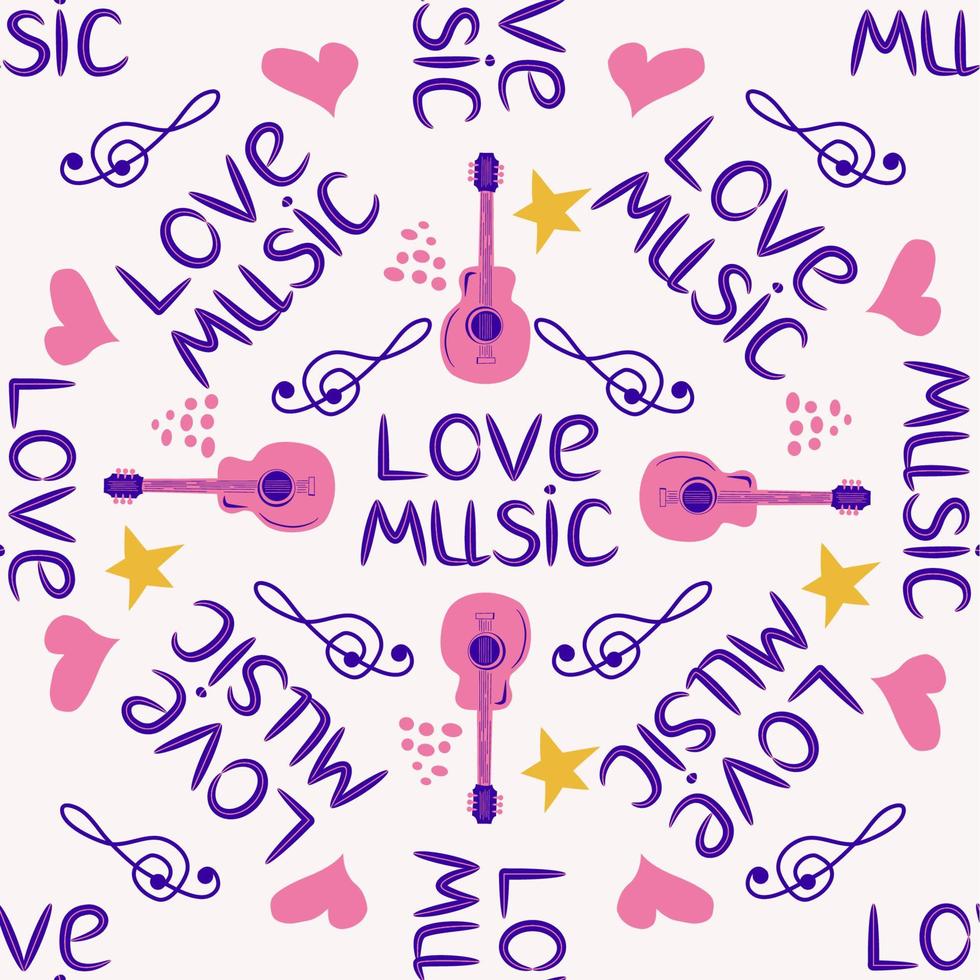 Love music seamless pattern with country guitar, music notes, treble clef, hearts, decorative elements. vector