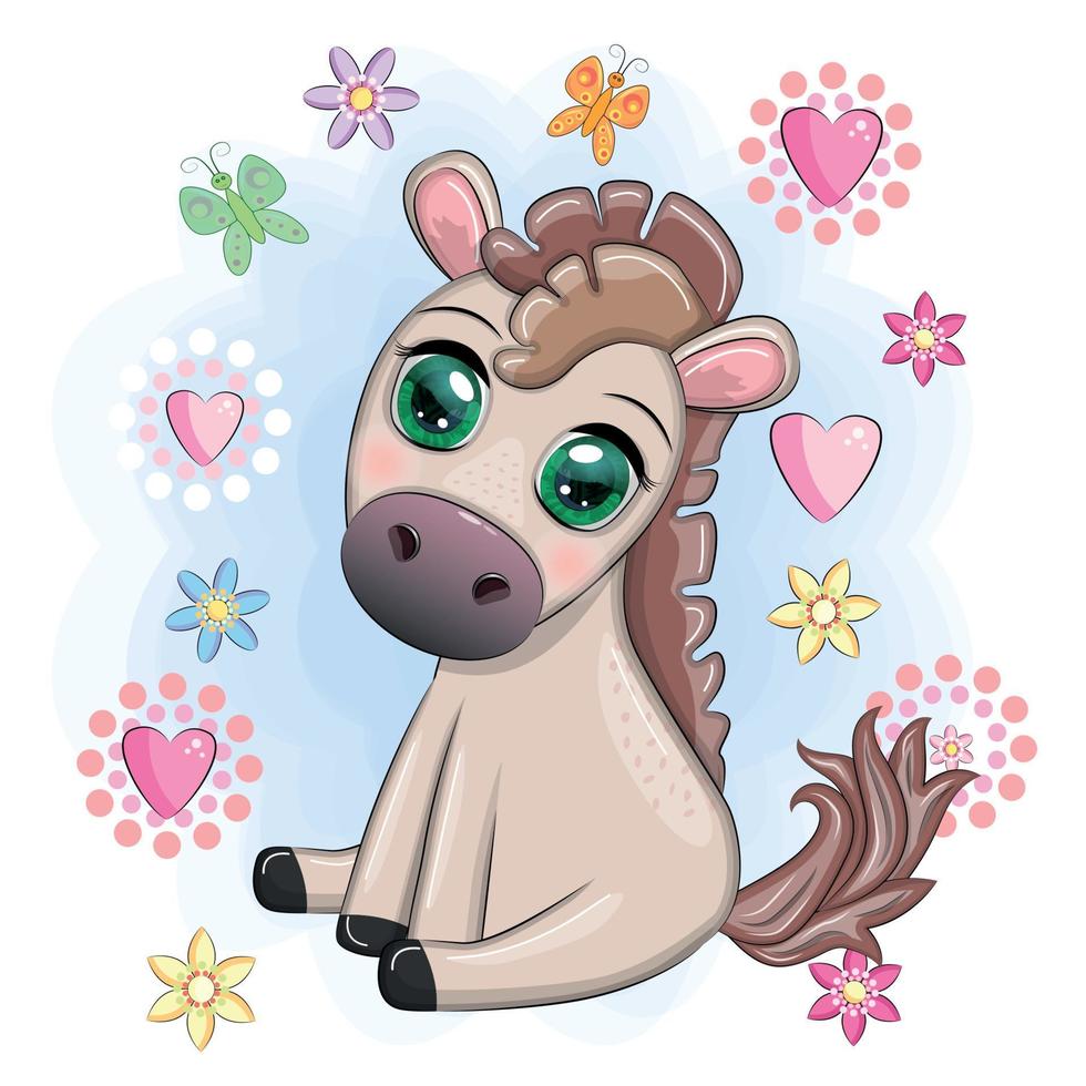 lindo caballo de dibujos animados, pony para tarjeta con flores, globos, corazón vector