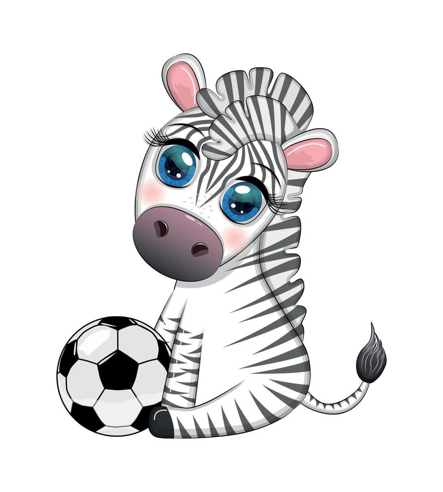 linda cebra con una pelota de fútbol. personaje de dibujos animados, deporte de verano vector