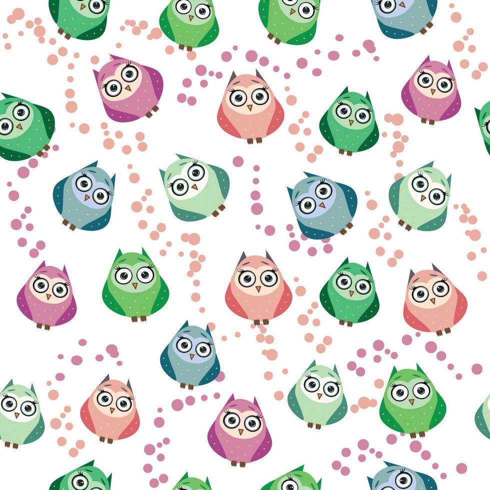 Cute multicolored owls and flowers in cartoon style, childish seamless pattern, newborn. Creative childish background for fabric, textile vector