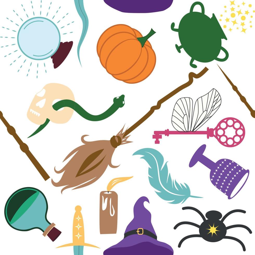 Magic items seamless pattern in flat style. School of Magic. Pumpkin, key, magic ball, feather, spider, purple hat, broom, skull, snake vector