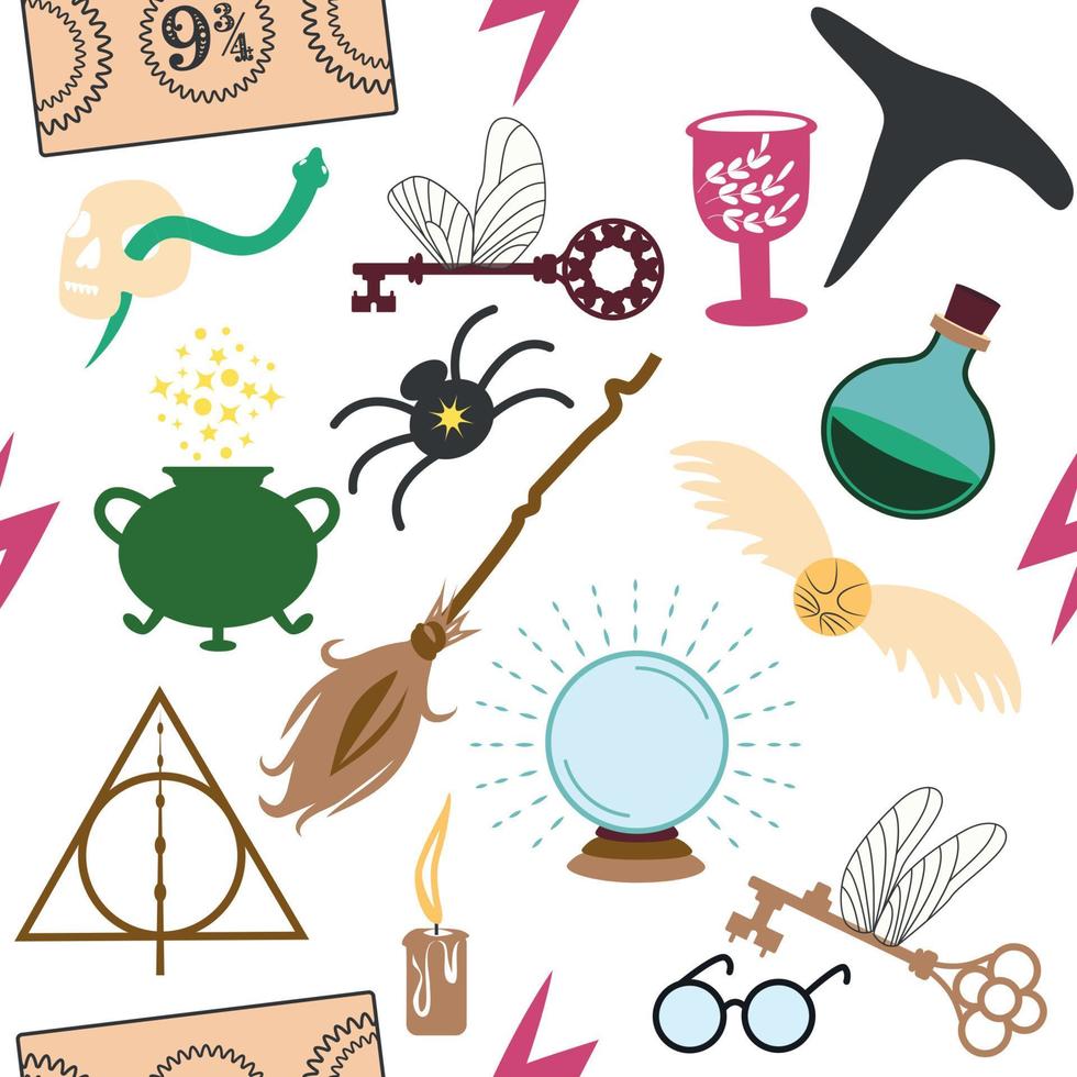 Magic items seamless pattern in flat style. School of Magic. Pumpkin, key, magic ball, feather, spider, purple hat, broom, skull, snake vector