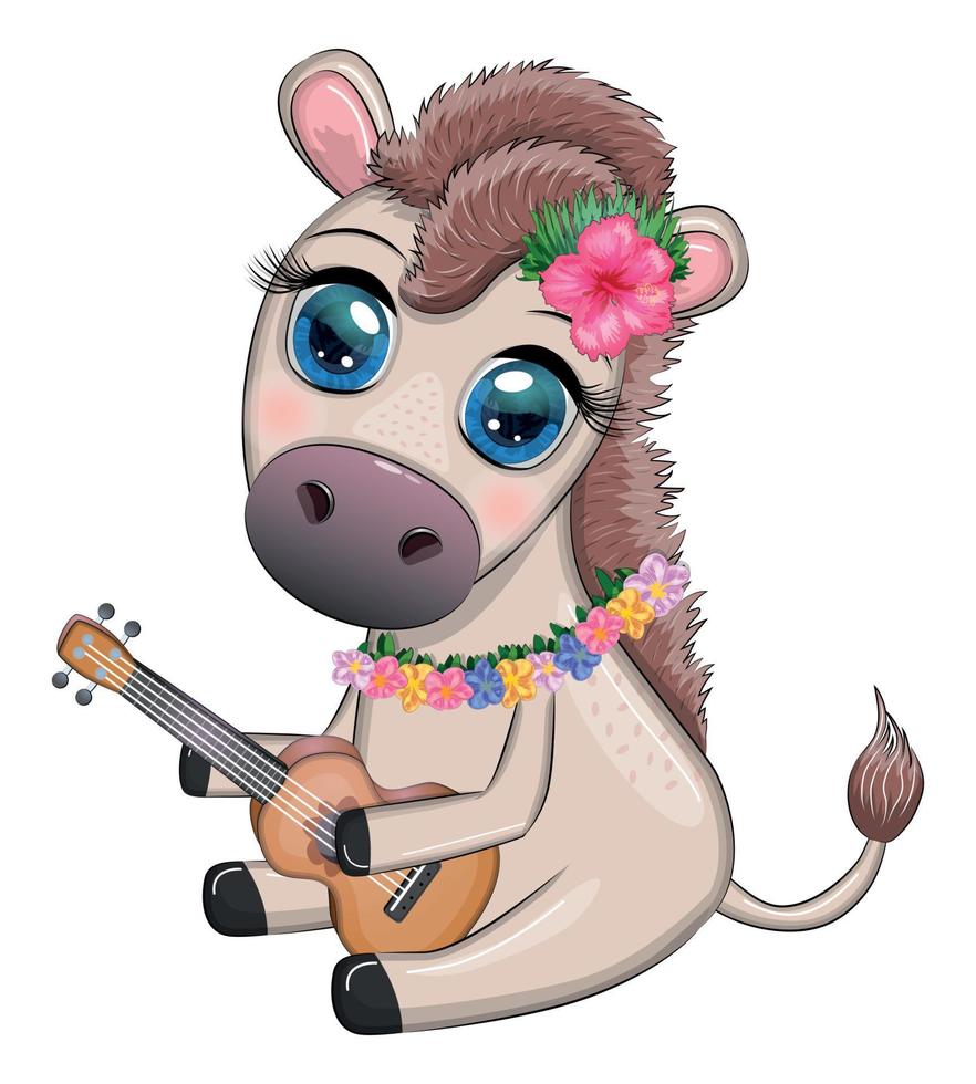 A cute donkey in a flower wreath with a guitar, a hula dancer from Hawaii. Summer card for the festival, travel banner vector