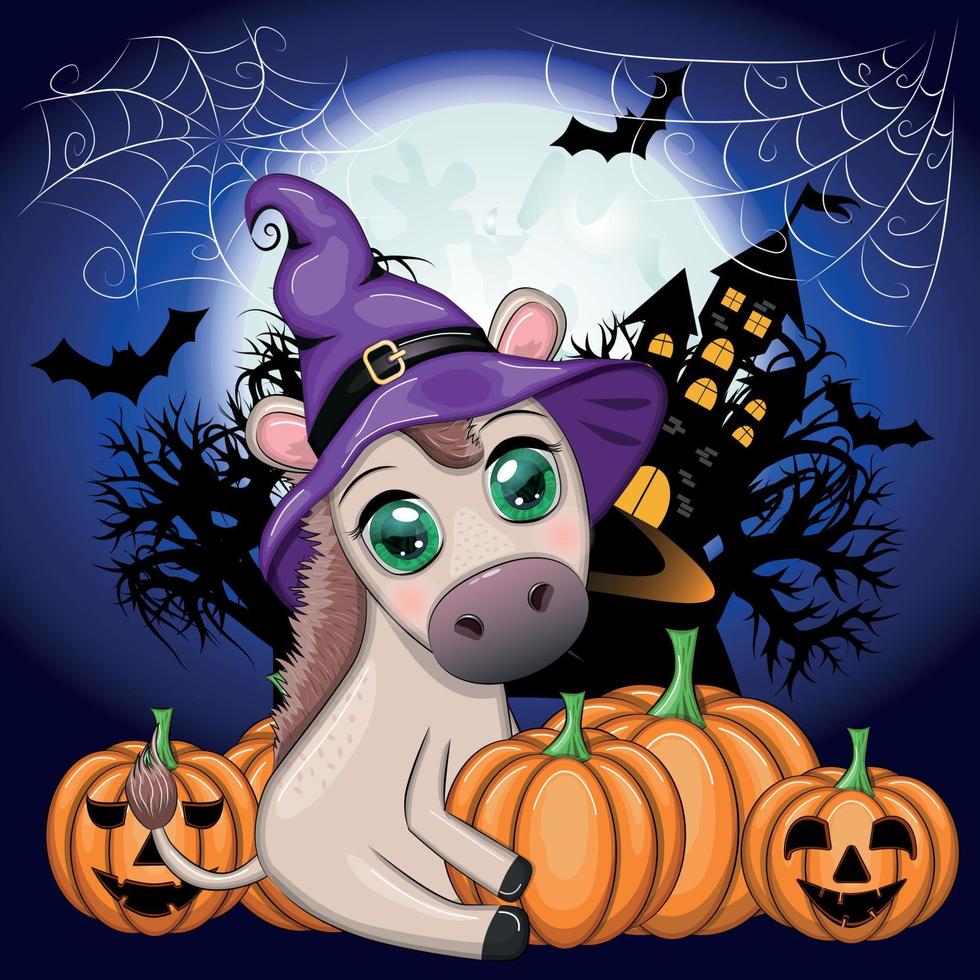 Cute donkey in purple witch hat, with broom, pumpkin, potion. Halloween card for the holiday. vector