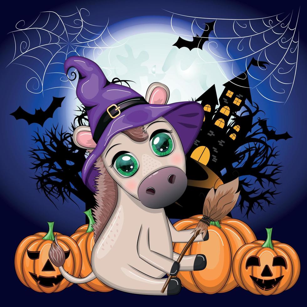 Cute donkey in purple witch hat, with broom, pumpkin, potion. Halloween card for the holiday. vector