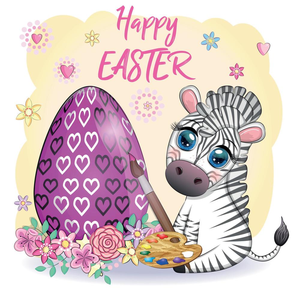 Zebra with Easter egg, flowers. Easter greeting card vector