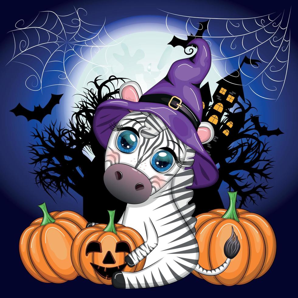 Cute zebra in witch hat, with broom, pumpkin jack, magic potion. Poster, card, label and decoration for Halloween vector