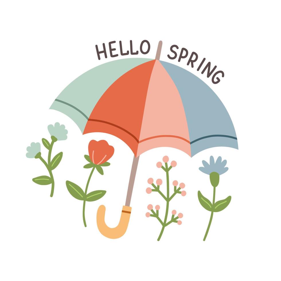 Hello Spring hand drawn flat vector illustration. Lettering spring season with umbrella for greeting card