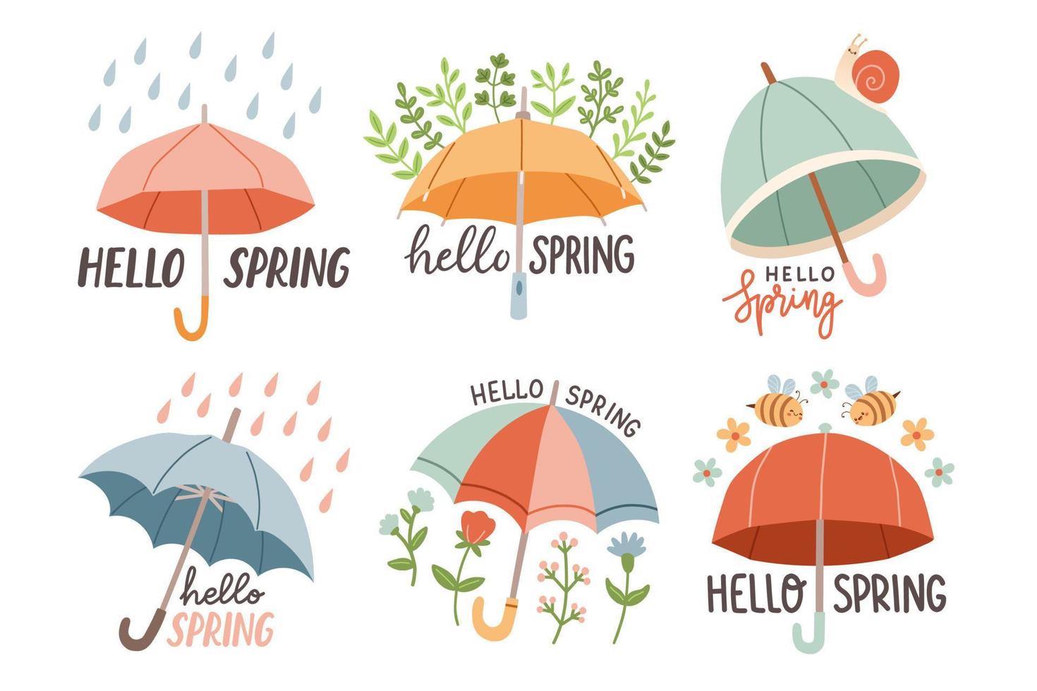 Hola primavera conjunto mano dibujado plano vector ilustración. letras primavera temporada con paraguas para saludo tarjeta