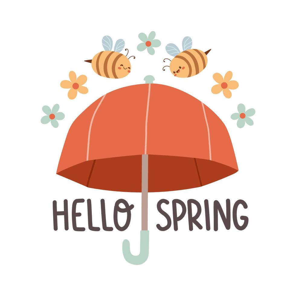 Hello Spring hand drawn flat vector illustration. Lettering spring season with umbrella for greeting card