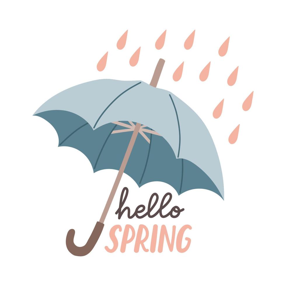 Hola primavera mano dibujado plano vector ilustración. letras primavera temporada con paraguas para saludo tarjeta