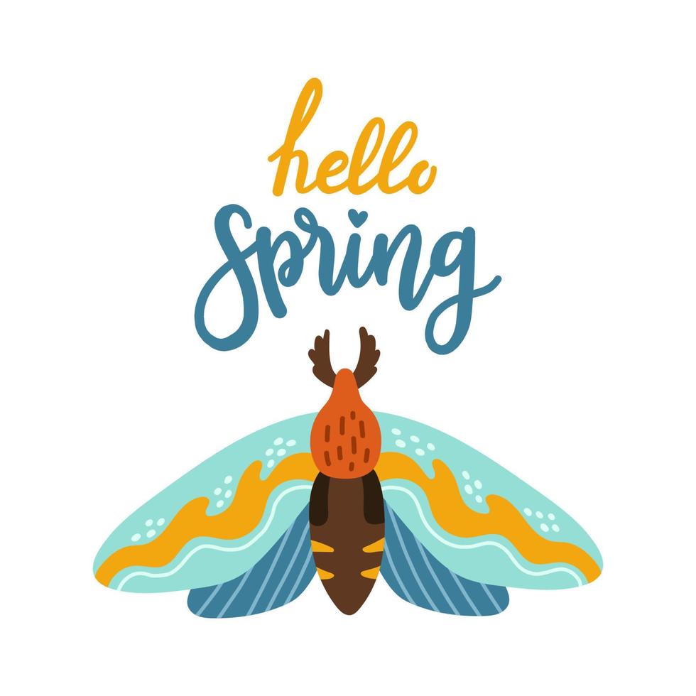 Hello Spring hand drawn flat vector illustration. Lettering spring season with butterfly for greeting card