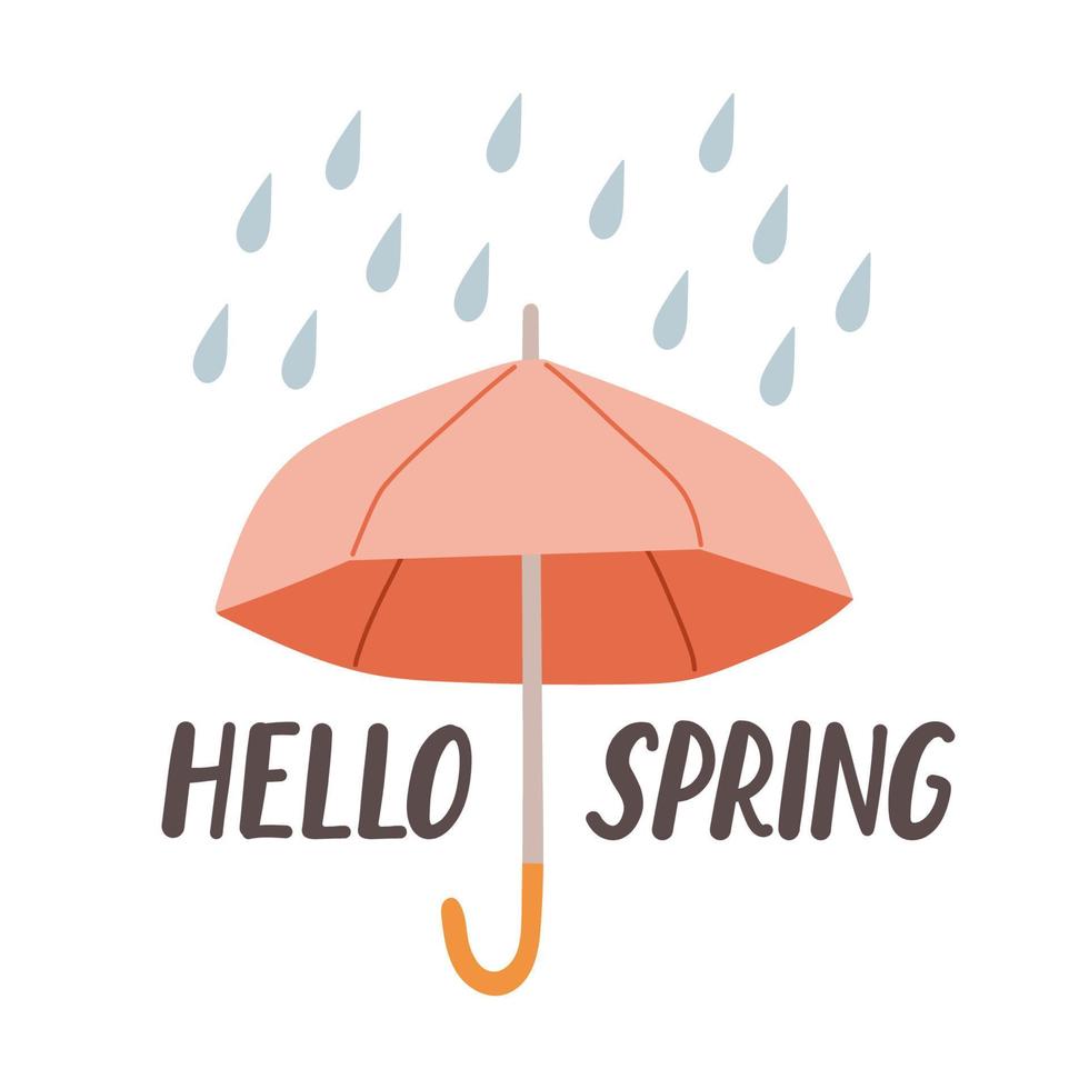 Hello Spring hand drawn flat vector illustration. Lettering spring season with umbrella for greeting card