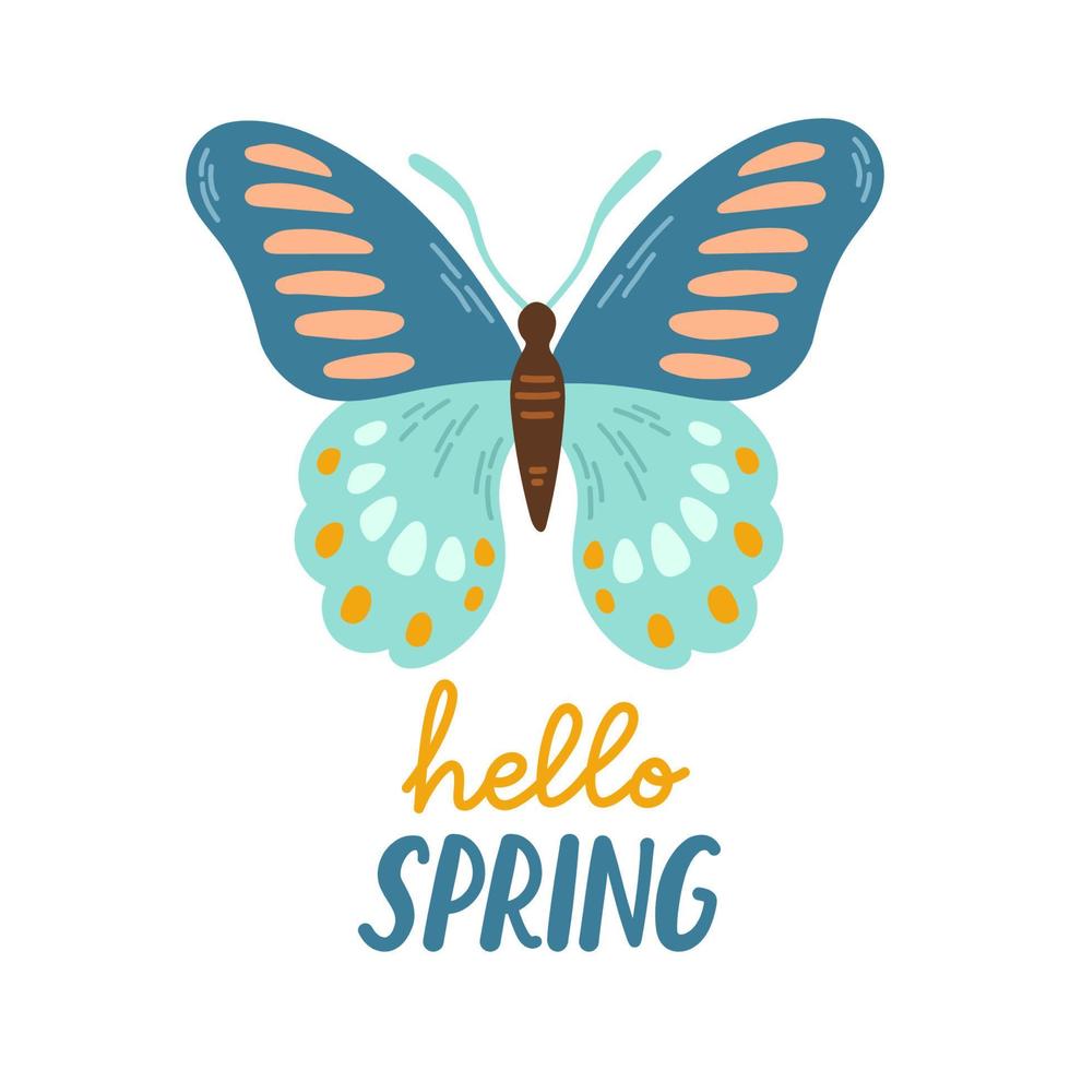 Hello Spring hand drawn flat vector illustration. Lettering spring season with butterfly for greeting card