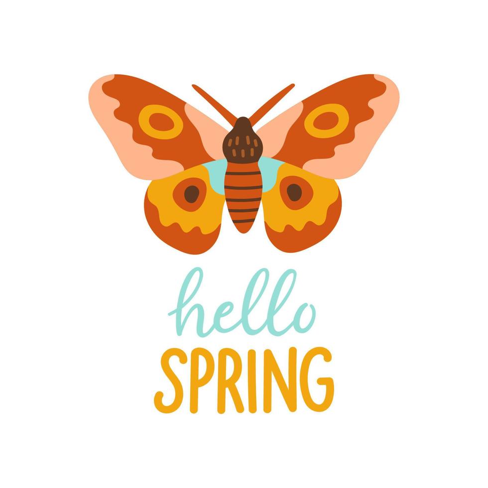 Hola primavera mano dibujado plano vector ilustración. letras primavera temporada con mariposa para saludo tarjeta