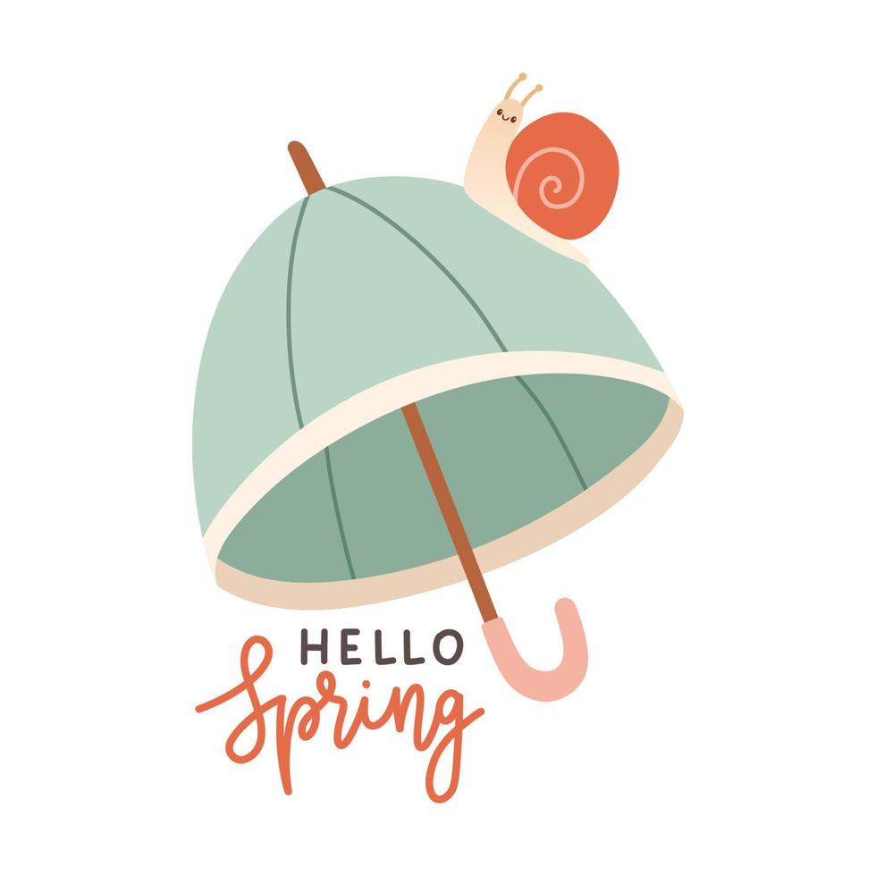 Hello Spring hand drawn flat vector illustration. Lettering spring season with umbrella for greeting card